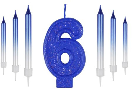 ZHIHUI 7pcs Number Birthday Candles, Blue Number 6 Cake Topper, 6th Birthday Candles, Blue Metallic Shiny Number Happy Birthday Cake Candles for Birthday Party Wedding Anniversary Celebration Supplies