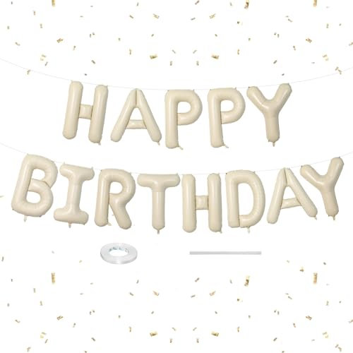 Happy Birthday Balloons Banner Beige,16 Inch Cream White Foil Letters Birthday Sign Banner Bunting for Boys Girls Men Women Party Decorations