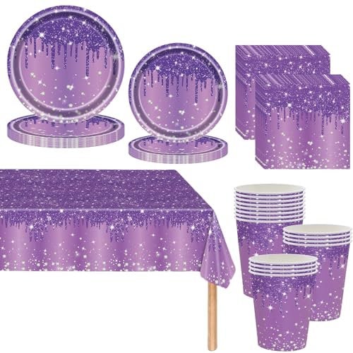 Lila Partygeschirr, 81 Stück Diamant Pappteller Set Mit Pappbecher, Servietten Und Tischdecke - Bling Geburtstag Party Geschirr, Tischdekoration Für Hochzeitsfeiern