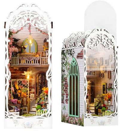 Spilay DIY Book Nook Kit, DIY Puppenhäuser Holz Miniatur Haus Möbel Kit Mit LED-Licht,3D Holzpuzzle Buchstütze Bücherregal Dekoration,Buchstützen Modell Build-Creativity Kit (Flower House BOOKNOOK)