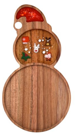 Guowall Weihnachts-Holztablett, Akazienholz und Epoxidharz, Serviertablett für Weihnachtssnacks, Tischdeko oder zum Basteln (Schneemann)