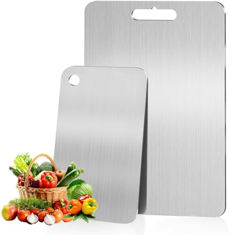 2 Piezas Tabla de Cortar de Titanio, Tabla de Cortar de Acero Inoxidable, Doble Cara, tabla de titanio para cocina, Ideal para Carne, Pan, Verduras y Frutas