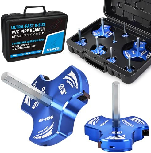 ERAYCO 8 PCS Triple Blade PVC Pipe Reamer Kit, Plastic Pipe Fitting Reamer Tool for Plumbing, 3 Blades PVC Fitting Saver for SCH40, ABS, CPVC Pipe,(1/2, 3/4, 1, 1-1/4, 1-1/2, 2, 3, 4)