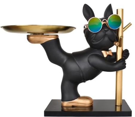 Naapesi Bulldogge Tablett Deko, Bulldogge Skulptur mit Tablett, Hund Figur Dekorative Tablett, Multifunktionale Bulldoggen Statue, Harz Hund Deko Schlüsselschale, Dekoschale für Schmuck Brieftasche