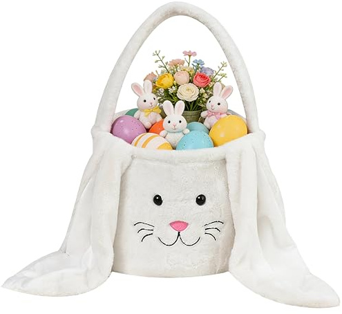 KEGOZ Plush Easter Basket, Bunny Easter Buckets, Easter Bags & Tote Bags for Easter Egg Decorations Candy (White)