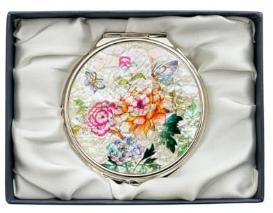 February Mountain Elegant Butterfly and Floral Mother of Pearl Compact Mirror, Dual Magnification (1X & 2.5X) – Lightweight Travel Makeup Mirror in Gift Box (Peony Butterfly)