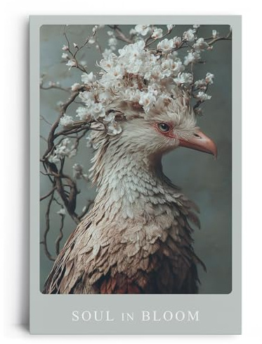 Paul Sinus Leinwandbild 40x60cm Leinwandbild Soul in Bloom naturverbundene Kunst poetische Eleganz florale Harmonie stilvolle Ästhetik Vogel mit Blüten