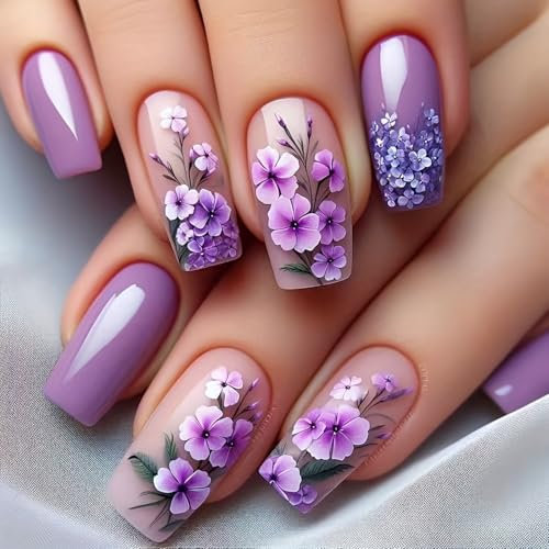Auiremrti 24 Piece Artificial Nails Medium Length with Floral Design, Press On Nails in Purple with Jelly Glue,for Women and Girls, Purple Acrylic