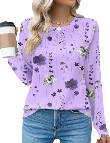 Rapbin Womans Casual Round Neck Tunic Tops for Leggings Summer Long Sleeve Tshirts Dressy Blouses,Purple,L