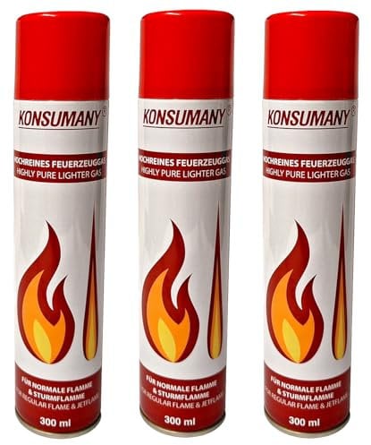 KONSUMANY 3 x 300 ml Feuerzeuggas Butangas für Feuerzeuge, Sturmfeuerzeuge, Stabfeuerzeuge und Flambierbrenner