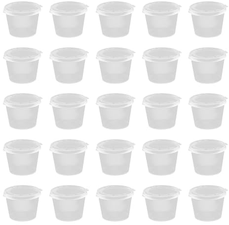 Lotsdonxia 50Pcs Leakproof 1oz Sauce Pots with Snap-Fit Lids, Stackable Mini Condiment Containers for Dips, Salads, Plastic Tubs for Picnics & Catering