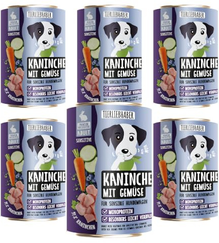 Hundefutter Nass 6x400g Kaninchen & Gemüse – Hunde Nassfutter Wet Dog Food | Tierärztlich entwickeltes Hundenassfutter 400g Dosen mit 91% Fleischanteil – Dog Food leicht verdaulich von TIERLIEBHABER
