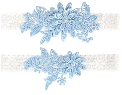2PCS Blaues Strumpfband für Hochzeiten mit Perlen Blumenspitze Elastisches Braut-Strumpfband Blau als Geschenk, Accessoire oder Deko für Brautkleid Wedding