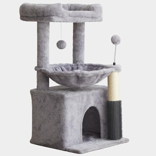 3-Tier Cat Tree Tower, Grey Plush, 32.28 Tall Multi-Level Cat Condo with Hammock, Platform, Scratching Posts for Small Medium Cats