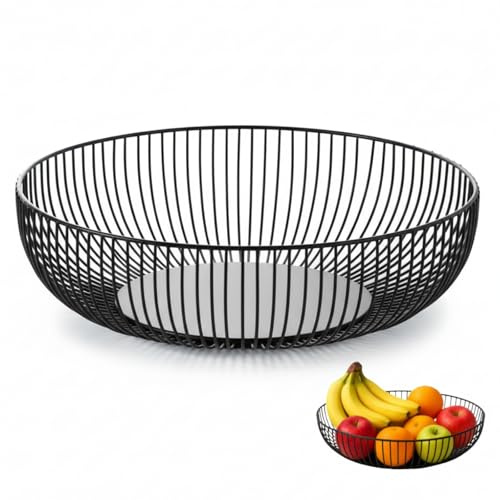 Black Wire Fruit Basket Bowl, Iron Arts Storage Baskets for Kitchen Counter | Home decor table centerpiece, holds vegetables/bread/snacks/potpourris, vintage iron wire design, sturdy durable