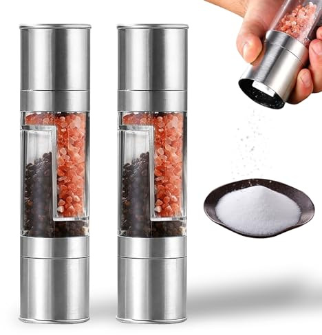 2 Pack Salt and Pepper Grinder Set, 2 in 1 Stainless Steel Refillable Two-Head Grinders, Adjustable Coarseness Mill for Salt Pepper Spices Herb