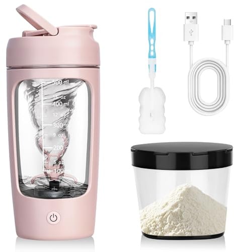 TAVADA Mezclador de proteinas eléctrica 650ML,Protein Shaker Bottle Electric con Recipiente para Polvos y Cepillo,Recargable USB-C,para Batidos de Proteínas y Malteadas Cremosas,Libre de BPA,Rosa