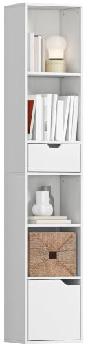HOMCOM 6-Tier Bookcase SlimDrawer Door 30 x 24 x 158 cm White | Tall Narrow Bookshelf, Adjustable Shelf, Modern Display Standing Shelving Unit, for Living Room, Home Office, Bedroom