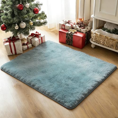 CUIMEI Teppich Schlafzimmer Flauschig 140 x 220 cm, Flauschiger Große Größe, rutschfest Langlebig, Faltbar, Zotteligeweicher, Hochflor Teppich, hellblau
