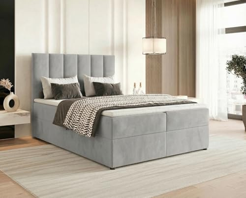 Chilly. Boxspringbett Astoria - Bett 180x200 cm - Bettkasten und Stauraum - Matratze H2/H3 und Topper 4cm - Weicher Jasminstoff - Hellgrau
