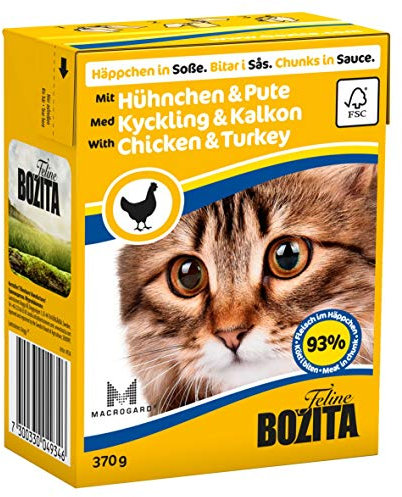 Bozita Häppchen,n Soße Nassfutter mit Hühnchen&Pute,m Tetra Recart 16x370g, Getreidefrei, nachhaltig produziertes Katzenfutter für erwachsene Katzen, Alleinfuttermittel