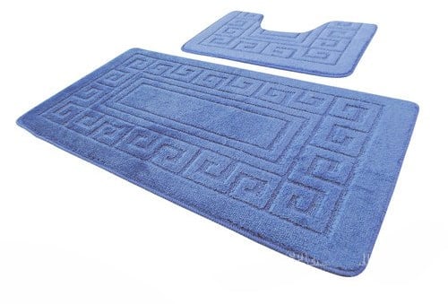 NEW GREEK STYLE 2 PIECE BATH MAT SET NON SLIP MACHINE WASHABLE (Blue)
