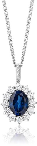 MIORE Schmuck, Halskette Damen Silber 925, Diamant Saphir Kette, Edelstein Kette mit Saphir Stein umgeben von Brillanten und Zirkonia, Kettenanhänger Silber, Silberkette Damen, Gebursstein Kette Damen
