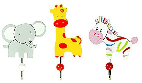 Children's or Baby Coat Hook, Wall Hook, Safari Animal, Jungle, Elephant, Giraffe and Zebra Wooden for Boys or Girls Children's Room