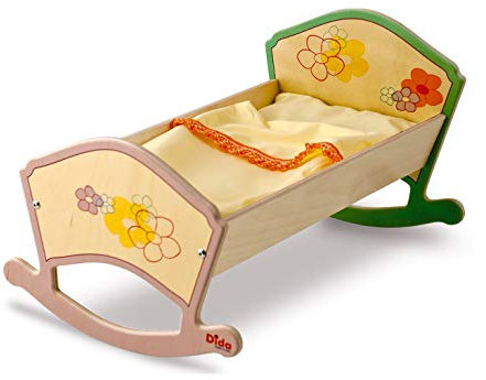 Dida - Kleine Puppenwiege Aus Holz Mit Matratze Und Kopfkissen + Bettlaken Für Puppen Bis 35 cm Grösse - Dekoration:Blumen. Ideal Für Die Puppenecke im Kindergarten Und In der Kinderkrippe
