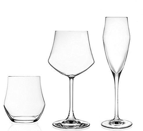 RCR EGO Service de verres de 18 pièces, composé de 6 flûtes, 6 verres à eau, 6 verres à vins, transparents, en cristal - Fabriqué en Italie
