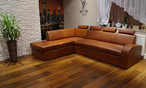 Quattro Meble Ecksofa Antalya II 4z 270 x 200cm Braun Echtleder Sofa Couch mit Schlaffunktion, Bettkasten und Kopfstützen Eck Couch Echt Leder Antique Tabac