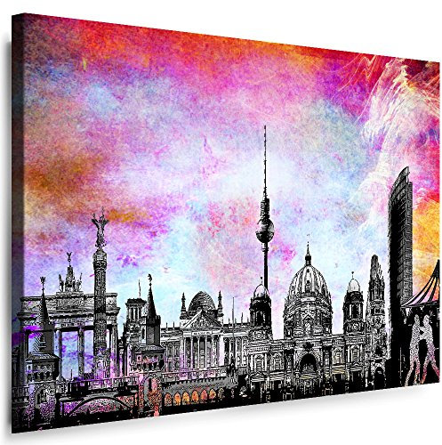 Berlin Wandbild - 100 x 70 cm Querformat Bild - Leinwand mit Rahmen (Leinwandbild) Städte Kunstdrucke Skyline, Turm, Brücke Wanddeko St-01-5