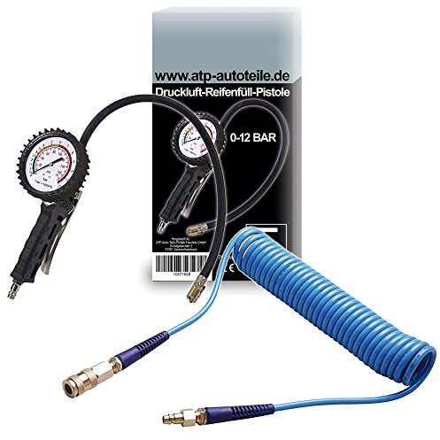ENVA 1x Reifenfüller für Kompressor 0-12 bar, 0-174 PSI Messbereich, Luftdruckprüfer Auto Schlauchlänge 540 mm + 1x BGS Spiralschlauch 0,9-6 m mit Schnellkupplung, Luftdruck Pistole