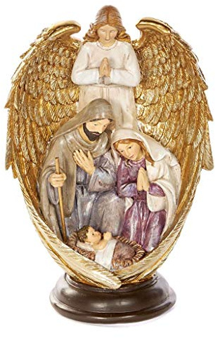 Goodwill Resin Angel Krippe mit Engelsflügeln in Burgund und Gold, Resin Holy Family 26 Zentimeter