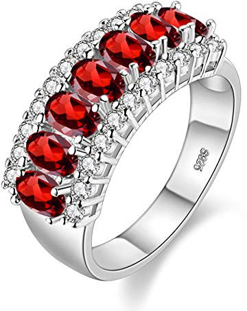 Uloveido Damen Silberfarbener Ovalschliff Roter Zirkonia 7-Steine Hochzeitsring, Geburtssteinring J501 (Platin, Rot, Größe 16.5)
