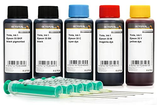 5X 250 ml Druckertinte kompatibel für Epson 33, Epson Expression Premium XP-530, XP-540, XP-630, XP-635, XP-640, XP-645, XP-830, XP-900, XP-7100 Nachfülltinte, Druckerfarbe, Nachfüllfarbe (kein OEM)