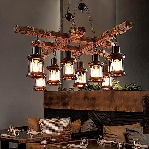 Retro Pendelleuchte Industrielle deckenlampe steampunk Holzlampen Deckenleuchte Industrial Vintage 8 Lichter,Loft Bar Esszimmer Landhaus Kronleuchter Antik Metall Glas Holz Dekorativer Hängelamp