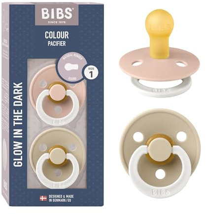 BIBS Colour Glow Schnuller 2er-Pack, BPA-frei. Leuchtet im Dunkeln, Kirschform Nippel. Naturkautschuk/Latex, Hergestellt in Dänemark. Größe 1 | 0+ Monate | 2-Pack, Blush NIGHT/Vanilla NIGHT