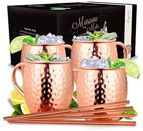 Vezato Moscow-Mule-Becher [500ml] – Gehämmerte Kupferbecher mit Strohhalmen – Handgemachtes -Set [4 Stück] – Rostfreie Kupfer Becher