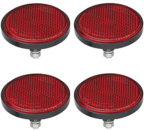 Preiswert&Gut 4x Seitenreflektoren Anhänger Ø60mm Rot – Reflektoren inkl. Bolz M5 Mutter und Unterlegscheibe – Katzenaugen mit Grundplatte – E-geprüfter Rund Reflektor Rückstrahler
