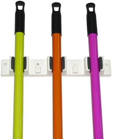 CABLEPELADO Soporte colgador fregonas y escobas de pared Blanco (3 posiciones)