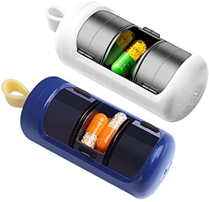 Tablettenbox, 3 Fächer Pillendose Tragbare Lichtdichte Tablettendose, Klein Tasche Medikamentenbox Feuchtigkeitsbeständiger Schlüsselanhänger mit Lanyard für Unterwegs Outdoor (Blau+Weiß)