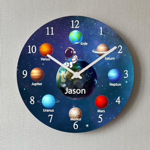 Kinderwanduhr Planeten Astronaut Universum Lernuhr Wanduhr personalisiert Namen Schulanfang Weltall