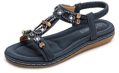 Femme Sandales Bout Ouvert Romaines Style Boho élégant Confortt pour Plage Vacances Plat Sandales Taille 35-42EU (38,Bleu)