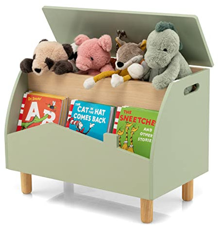COSTWAY Wooden Toy Box, Kids Storage Chest with Flip-top Lid, Multifunctional Children's Organizer Cabinet for Playroom Bedroom (Green)