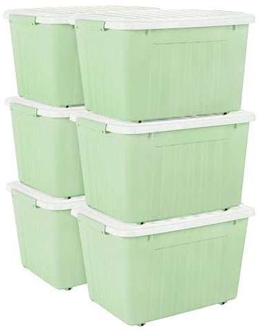 Cetomo 80L*6 Storage Boxes with Wheels, Plastic Storage Box with Lid, Latching Buckles, Click Closure, Stackable, Nesting, Durable Organizer for Home Office Clothes, Green, 80L-6 Pack