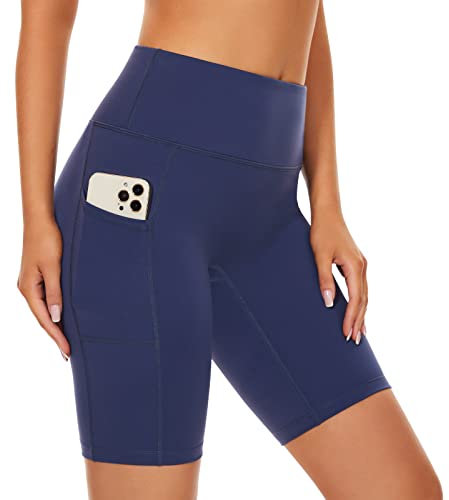SIMIYA Radlerhose Damen, Kurze Leggings Blickdichte High Waist Sporthose Damen Kurz mit Handytasche, Sport Shorts für Gym（Blau,L）