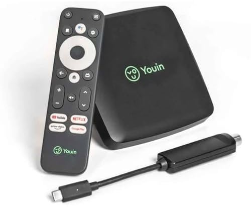 YOUIN Récepteur Android TV T2 EN1060K 4K UHD avec DVB-T2 Chromecast Assistant Google HDMI WiFi Dual Band Bluetooth USB TV Connectée