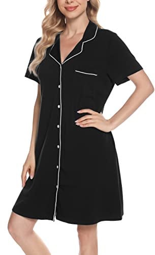 Vlazom Women Soft Nighties V-Neck Button Down Nightdress Classic Boyfriend Style Sleepshirt Relaxed Nightshirt Sleepwear Black,M