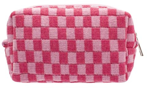 PAZIMIIK Checkered Makeup Bag for Purse Portable Zipper Make Up Pouch Small Cosmetic Case for Travel Accessories (Hotpink)